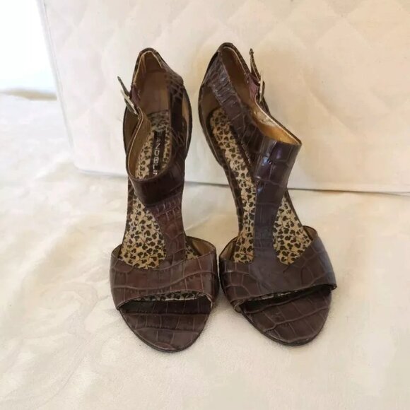 Bandolino Alligator Style Leather High Heels 6.5 6 1/2 M Brown Side Buckle Shoes - Picture 4 of 11